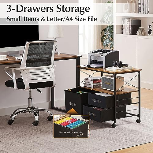 Black 3 Drawer Rolling Printer Stand with Fabric Storage Shelf Y2974