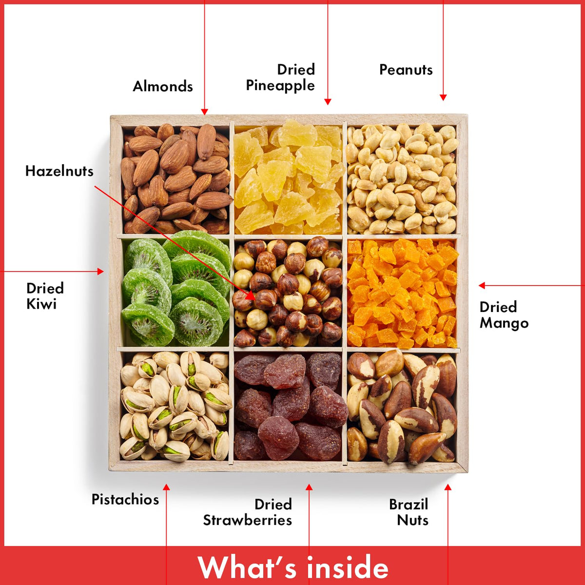 9 Varieties of Fruits & Nuts in Reusable Wooden Crate T3731