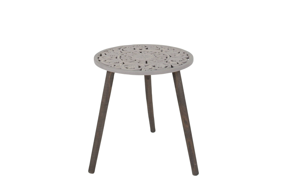 Gray Brown Carved Wood Round Accent Table A41960