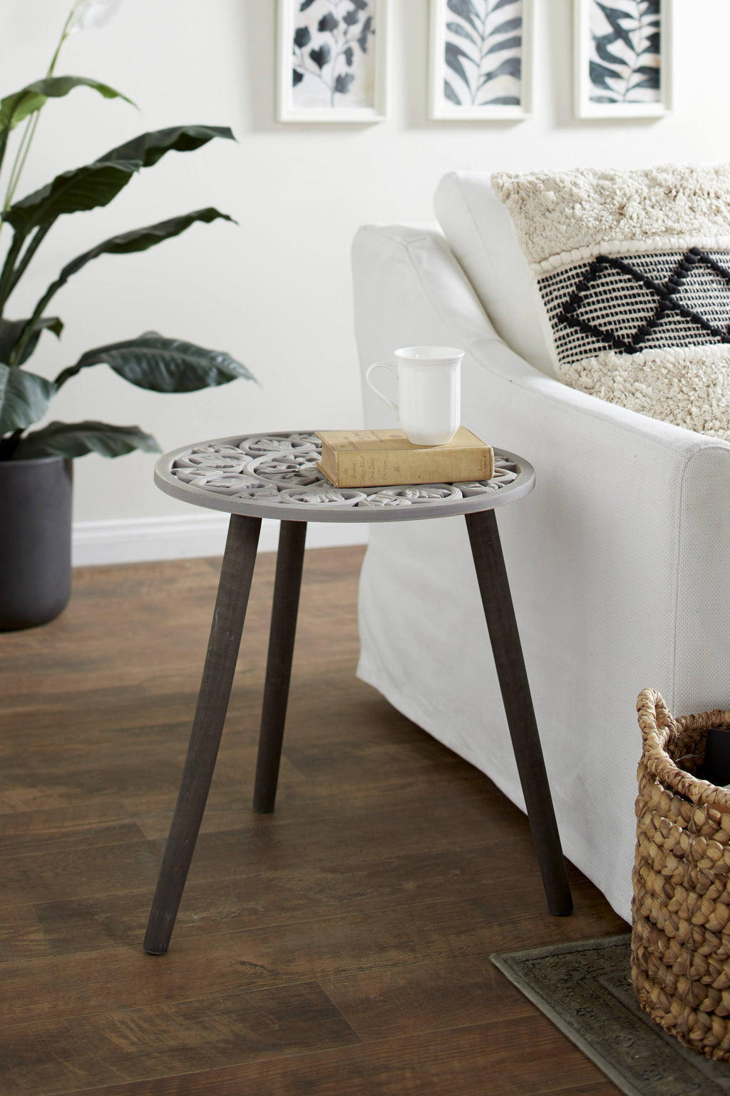 Gray Brown Carved Wood Round Accent Table A41960