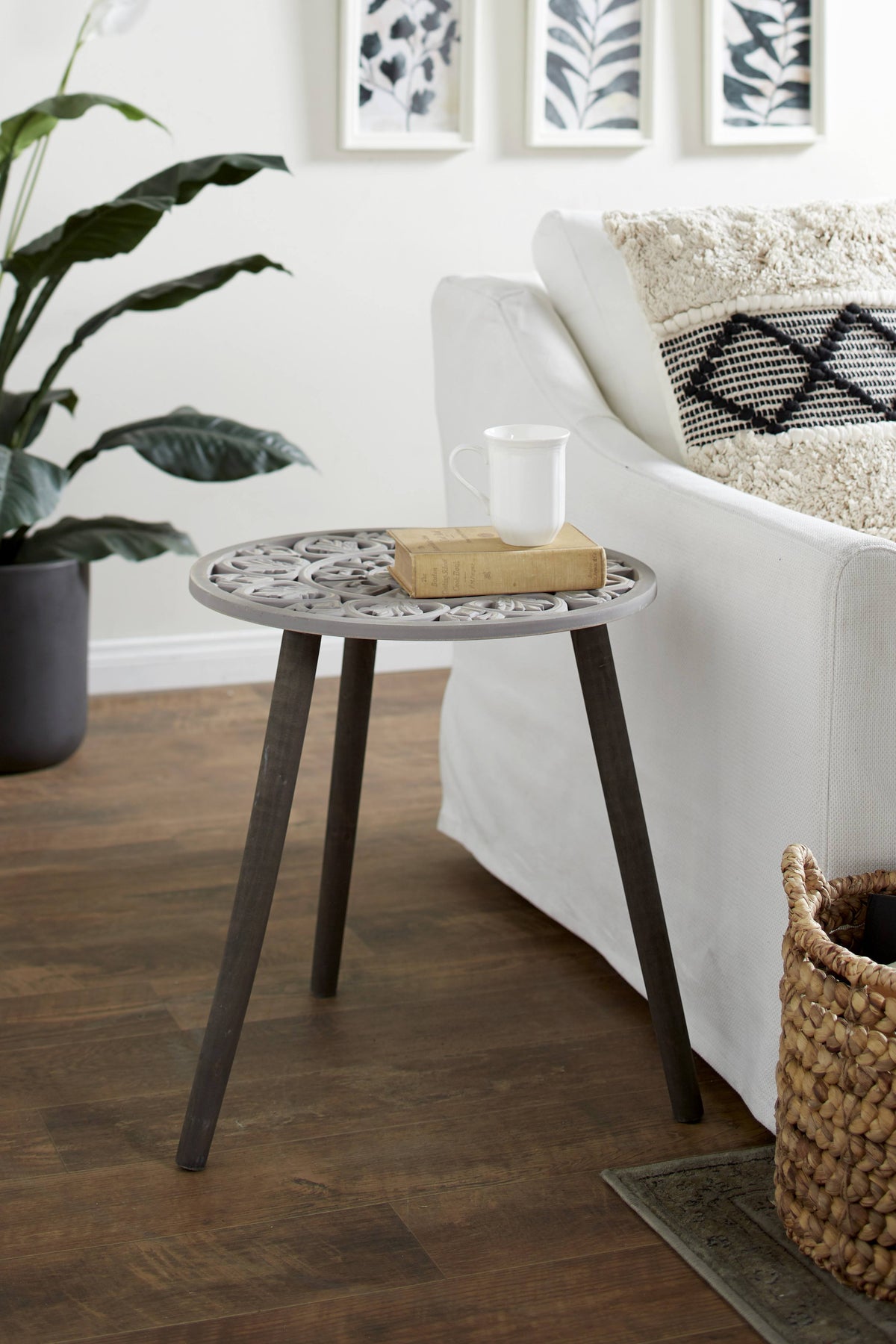 Gray Brown Carved Wood Round Accent Table A41960