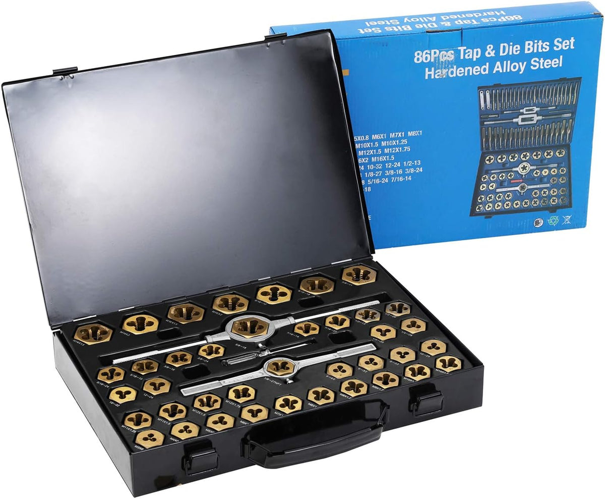 86 Piece Metric and SAE Titanium Coated Tap and Die Set with Metal Carrying Case K6960