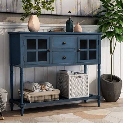 Antique Navy Sideboard Console Table with Bottom Shelf and Storage Cabinet U277179