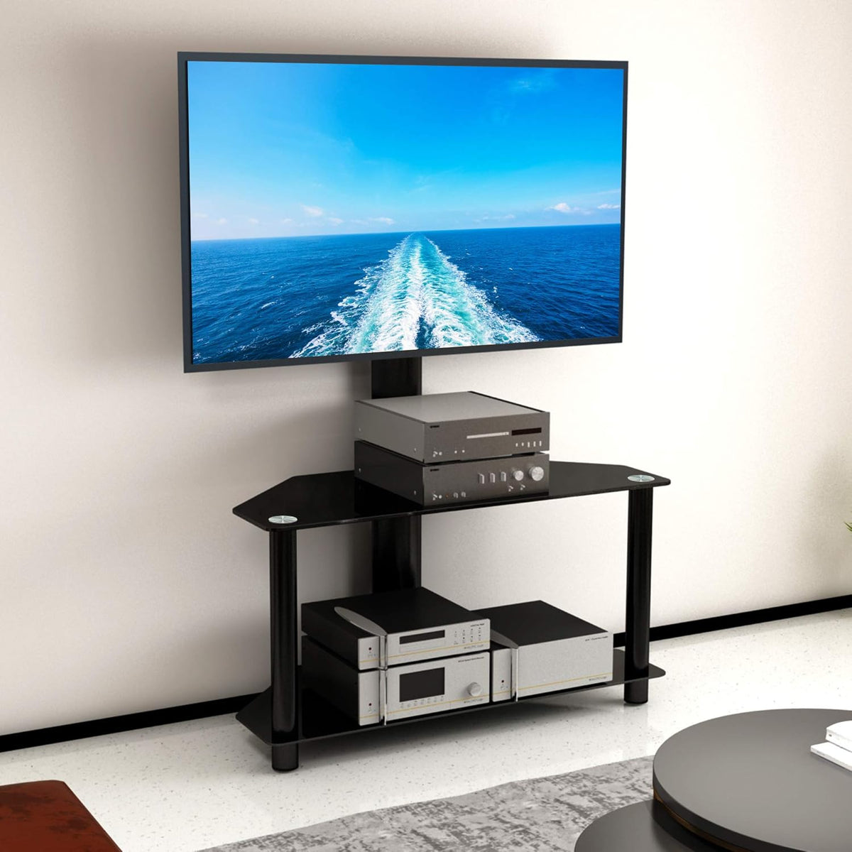 Angle and Height Adjustable Black Tempered Glass TV Stand Y497086