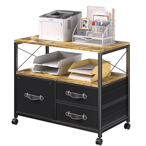 Black 3 Drawer Rolling Printer Stand with Fabric Storage Shelf Y2974