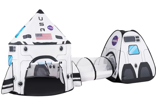White Rocket Ship Pop up Play Tent with Tunnel and Playhouse Kids Indoor Outdoor Spaceship Tent Set G116