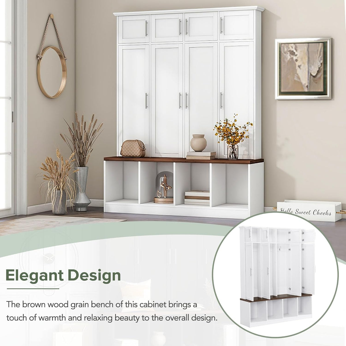 White Wide Entryway Hall Tree with Storage Bench & Shoe Cube Storage, 8 Cabinets, Coat Rack D464
