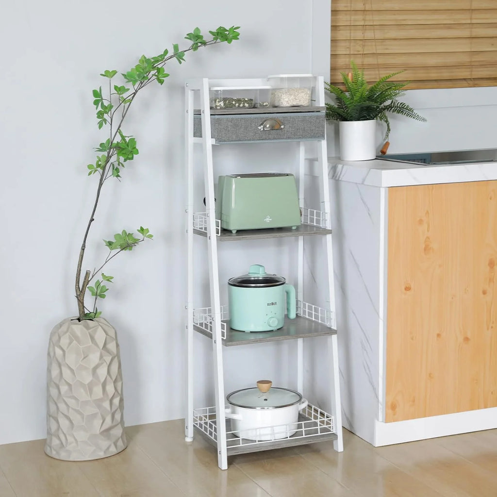 White 4 Tier Ladder Shelf with Drawer R527103