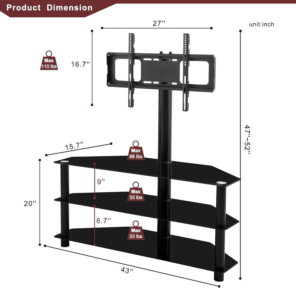 Angle and Height Adjustable Black Tempered Glass TV Stand Y497086