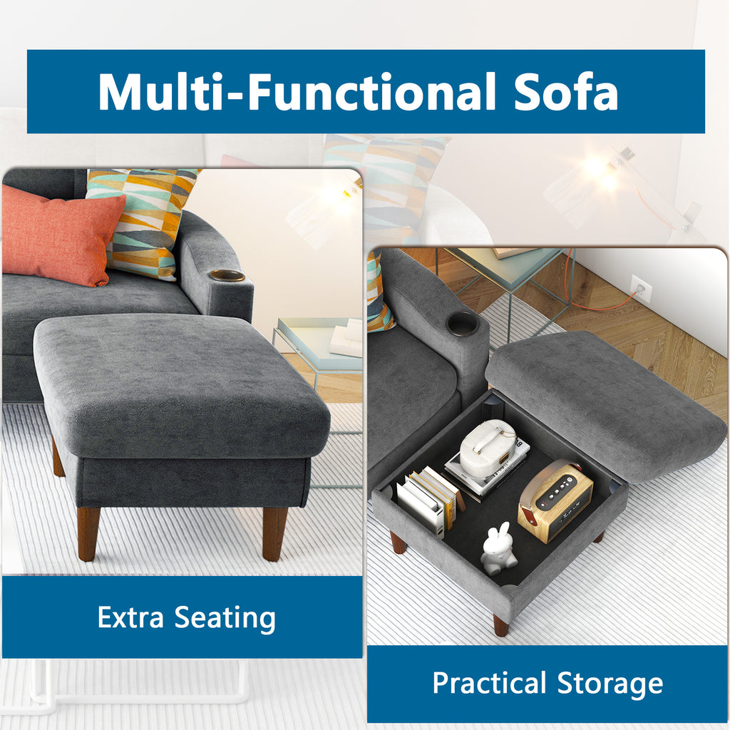 Convertible L-Shaped Combo Sofa with USB Port, Cup Holder, Storage Ottoman, Dark Gray W428