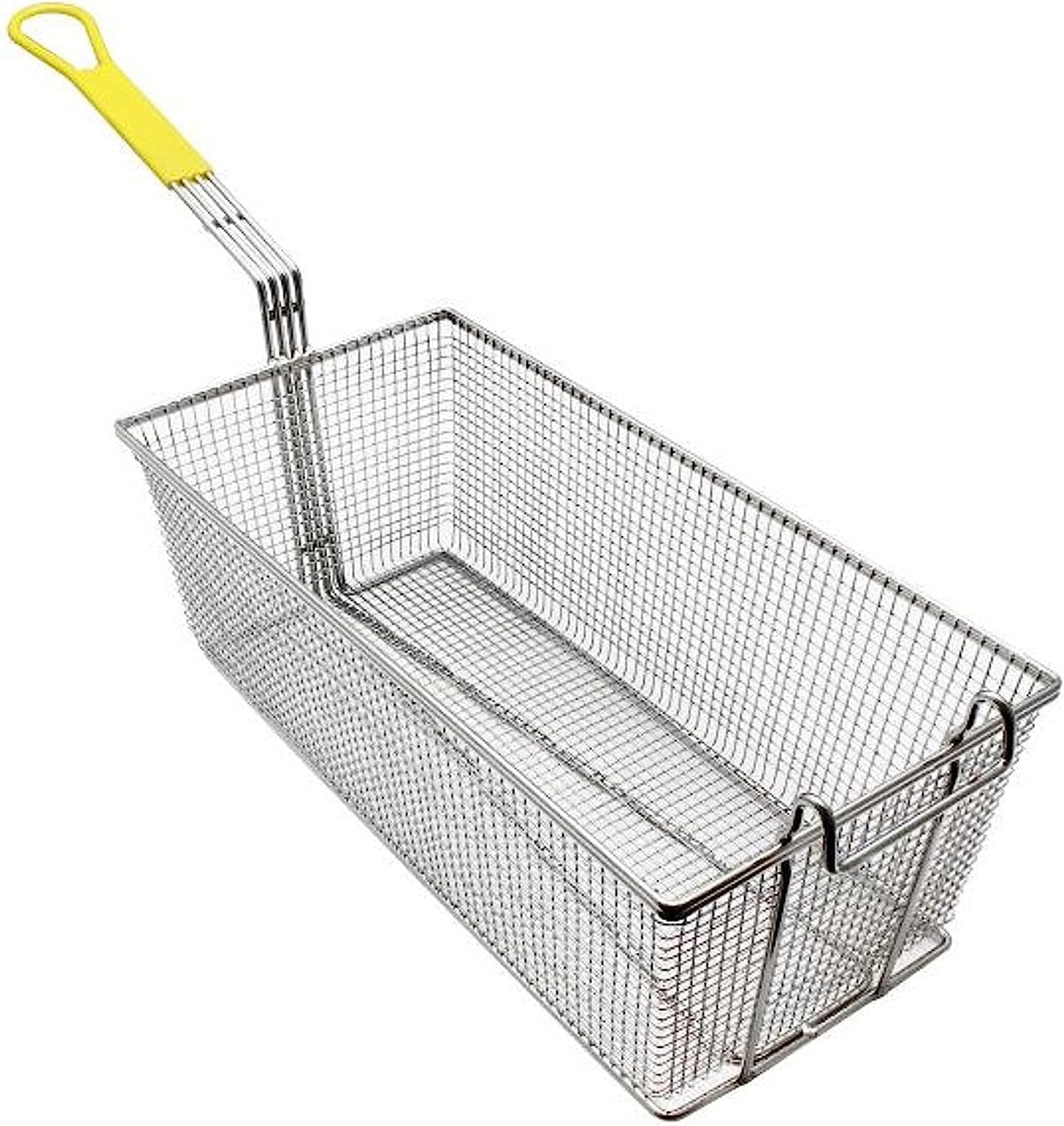 17" x 8" x 5-3/4" Rectangular Deep Fry Basket with Hook Heavy Duty Nickel Plated Iron with Yellow Coated Handle U8300