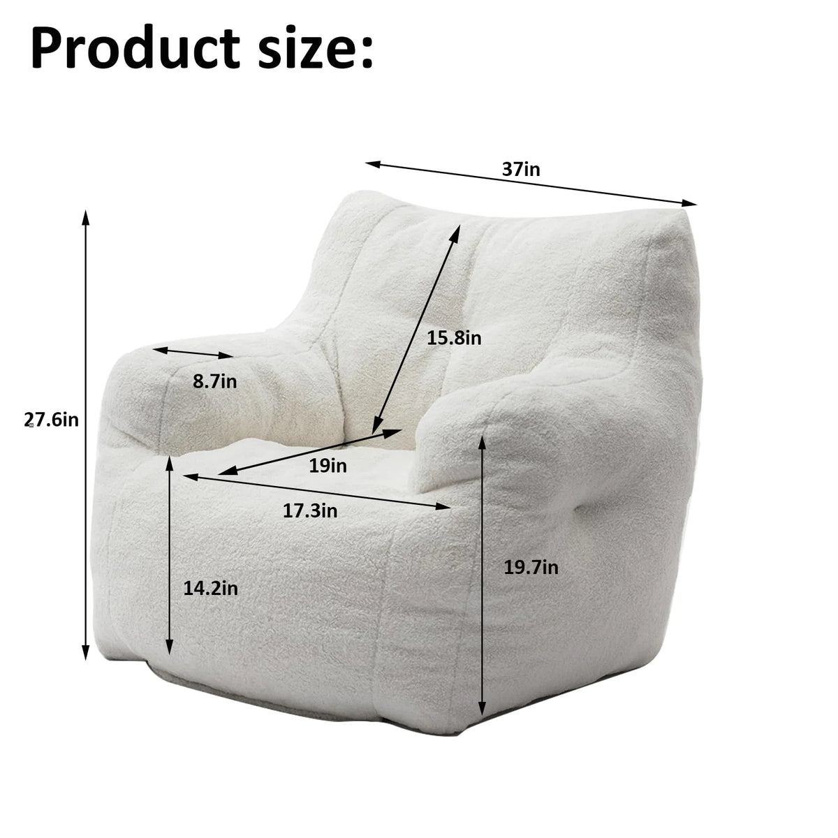 White Tufted Teddy Fabric Bean Bag Sofa with Armrest C677
