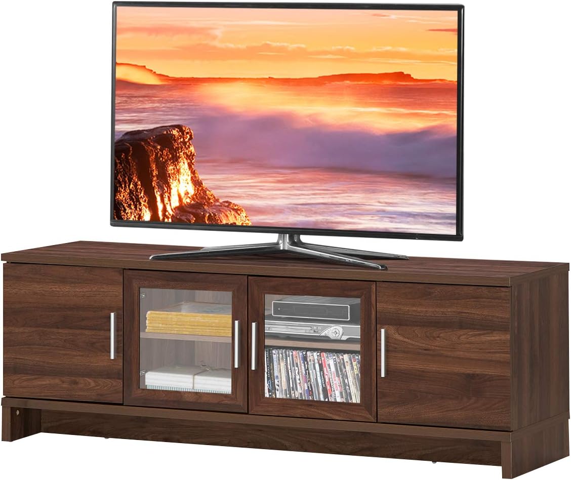 Walnut TV Stand with Glass Doors and Adjustable Shelf P381839