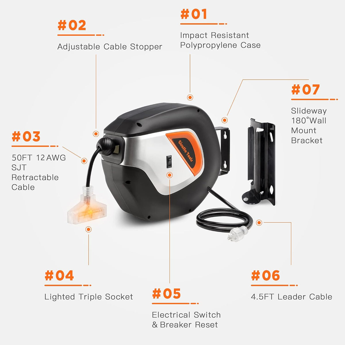 Retractable Extension Cord Reel 40ft Heavy Duty with Swivel Bracket Lighted Triple Tap R175969