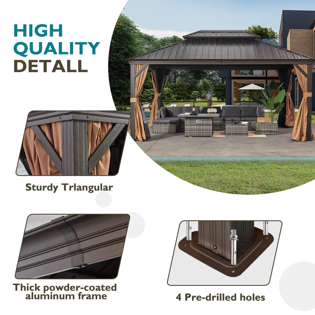 10'x12' Hardtop Steel Aluminum Gazebo with Curtains and Netting Z493