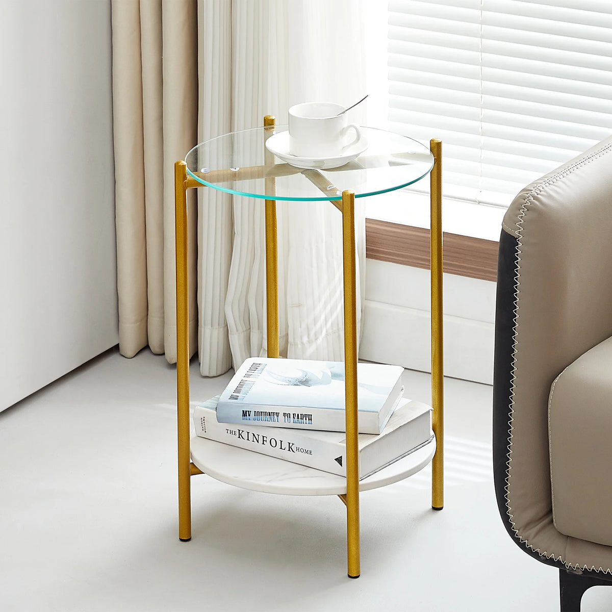 2 Layer Glass Top End Table with Metal Leg Y747935