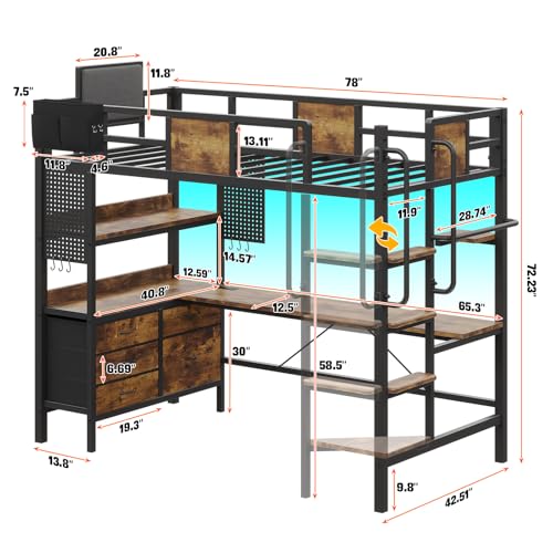 Twin Size Loft Bed with Desk and 5 Storage Drawer Cabinets N789344