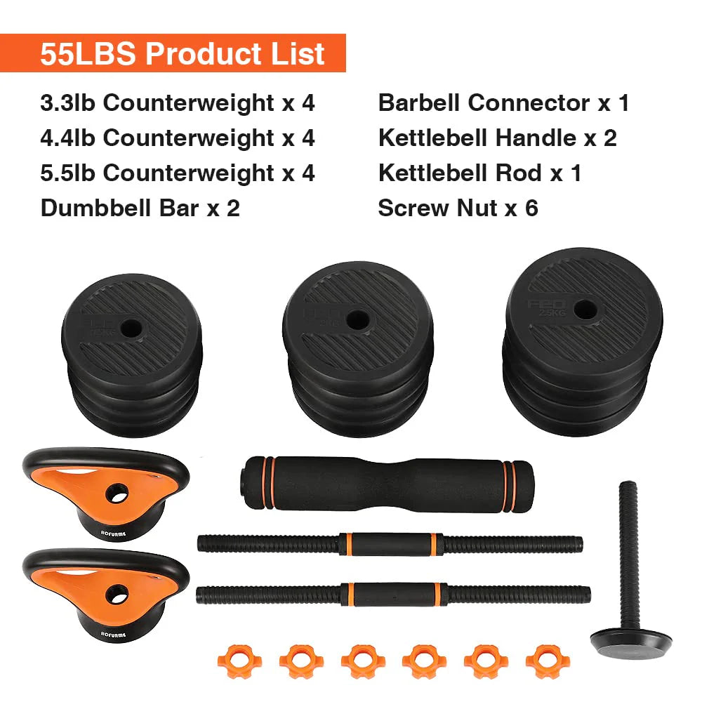 55lb Adjustable Dumbbell, Barbell, and Kettlebell Set A726