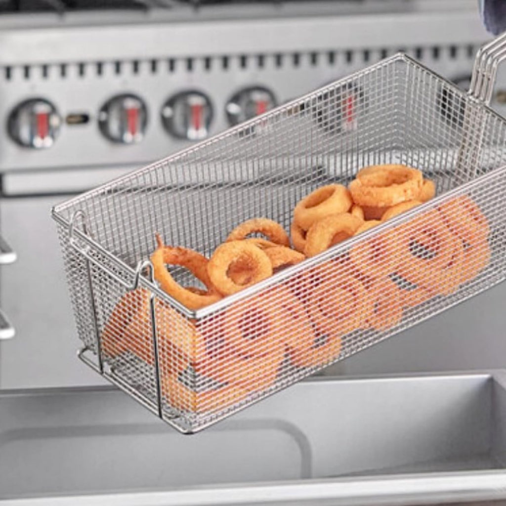 17" x 8" x 5-3/4" Rectangular Deep Fry Basket with Hook Heavy Duty Nickel Plated Iron with Yellow Coated Handle U8300