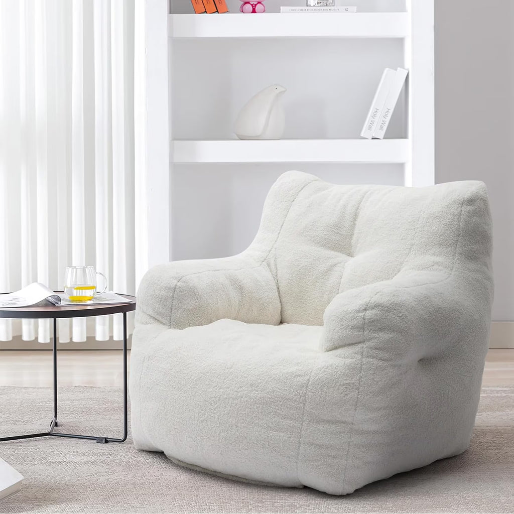 White Tufted Teddy Fabric Bean Bag Sofa with Armrest C677