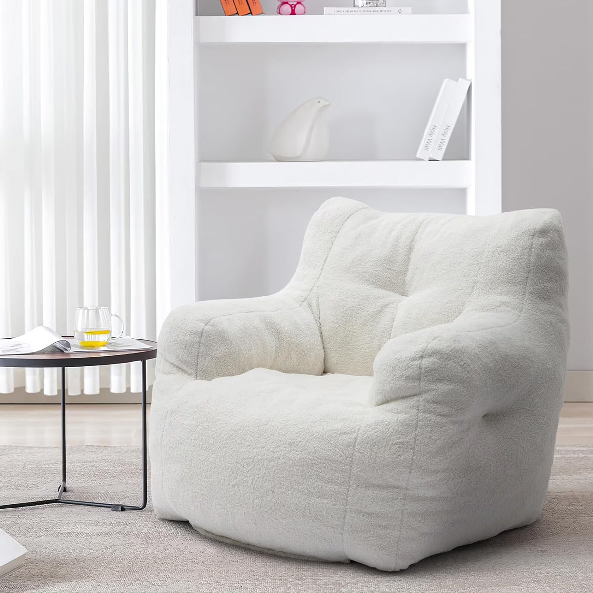 White Tufted Teddy Fabric Bean Bag Sofa with Armrest C677