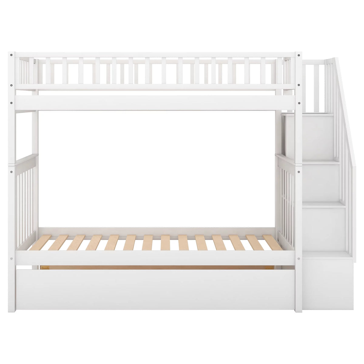 White Wood Twin over Twin Bunk Bed with Trundle and Storage Stairs J8540