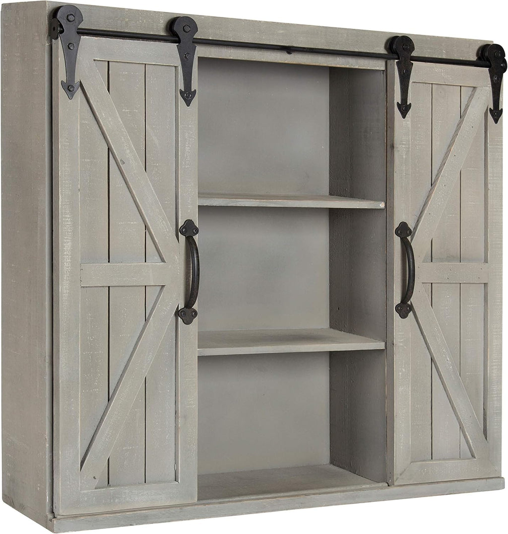 Rustic Gray Wood Wall Storage Cabinet with Two Sliding Barn Doors A351965