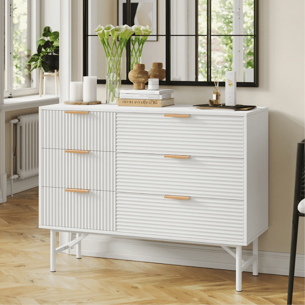 6 Drawer Creamy Wood Dresser with Metal Base F24537