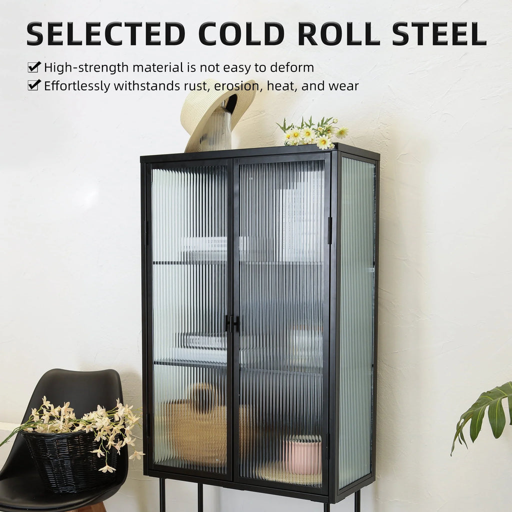 Black Fluted Glass High Cabinet with Dual Doors Q273459