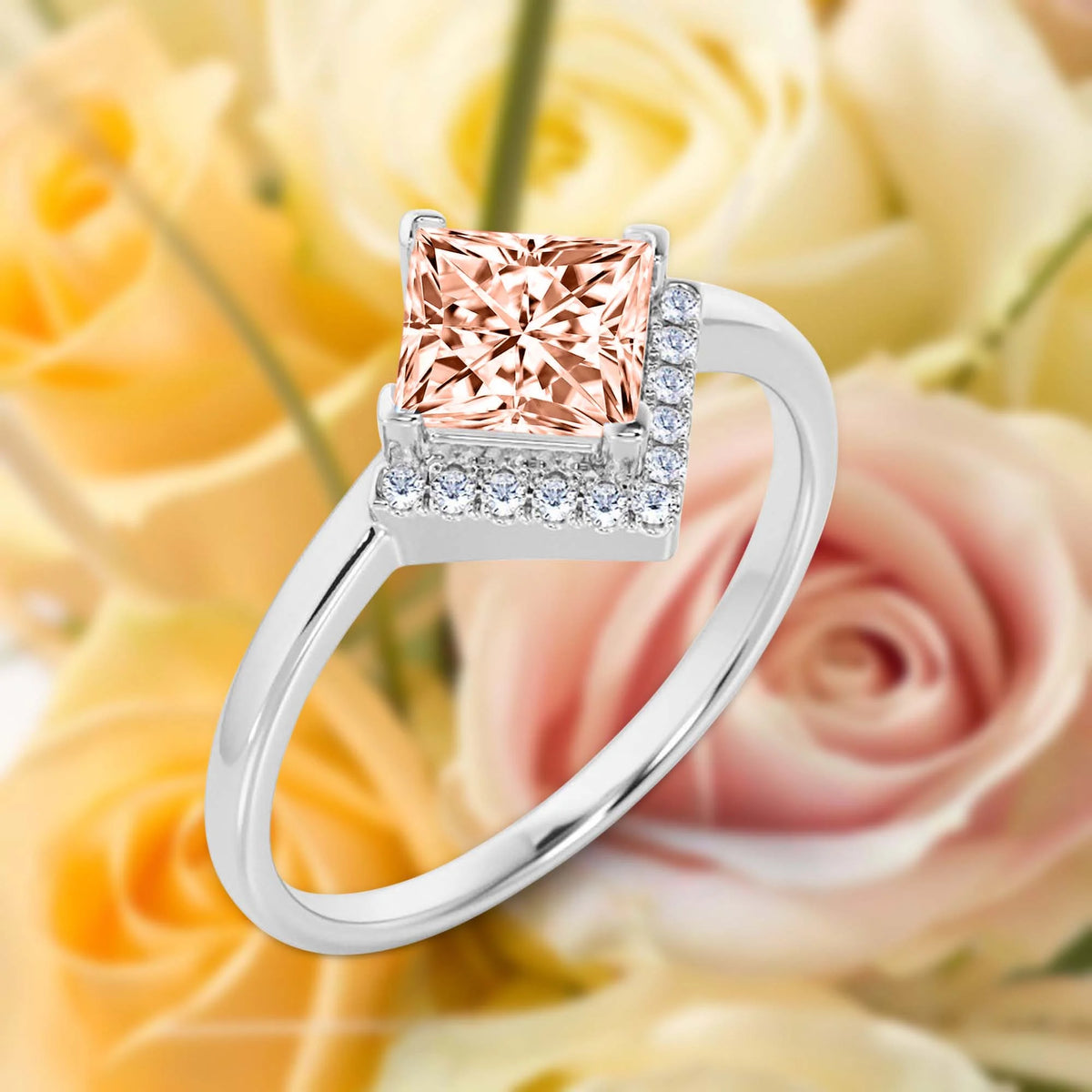 1.50 Carat Princess Cut Morganite And Diamond Moissanite Engagement Ring in 10k Solid White Gold X36477