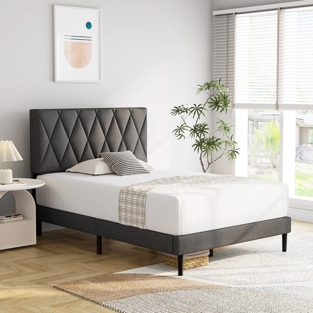 Twin Upholstered Platform Bed Frame with Headboard J4679