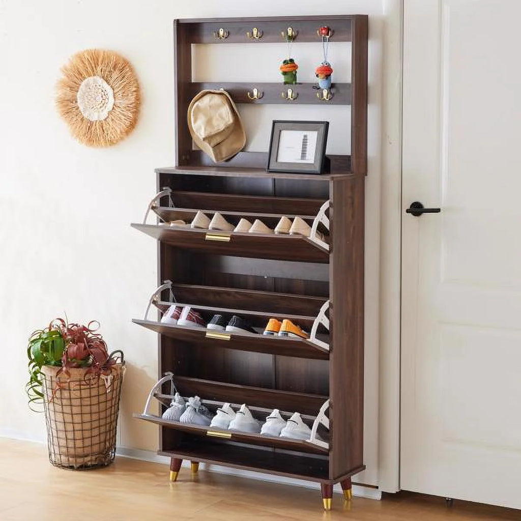 Brown Entryway Wardrobe Armoire Closet with 12 Hooks & 3 Shoe Cabinets N641