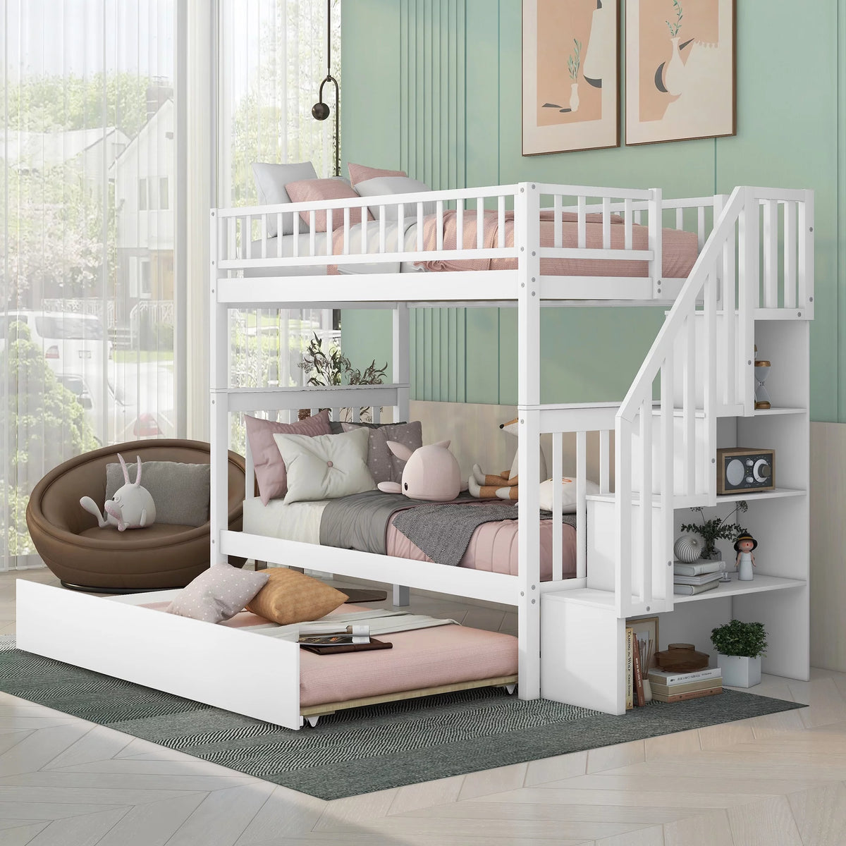 White Wood Twin over Twin Bunk Bed with Trundle and Storage Stairs J8540