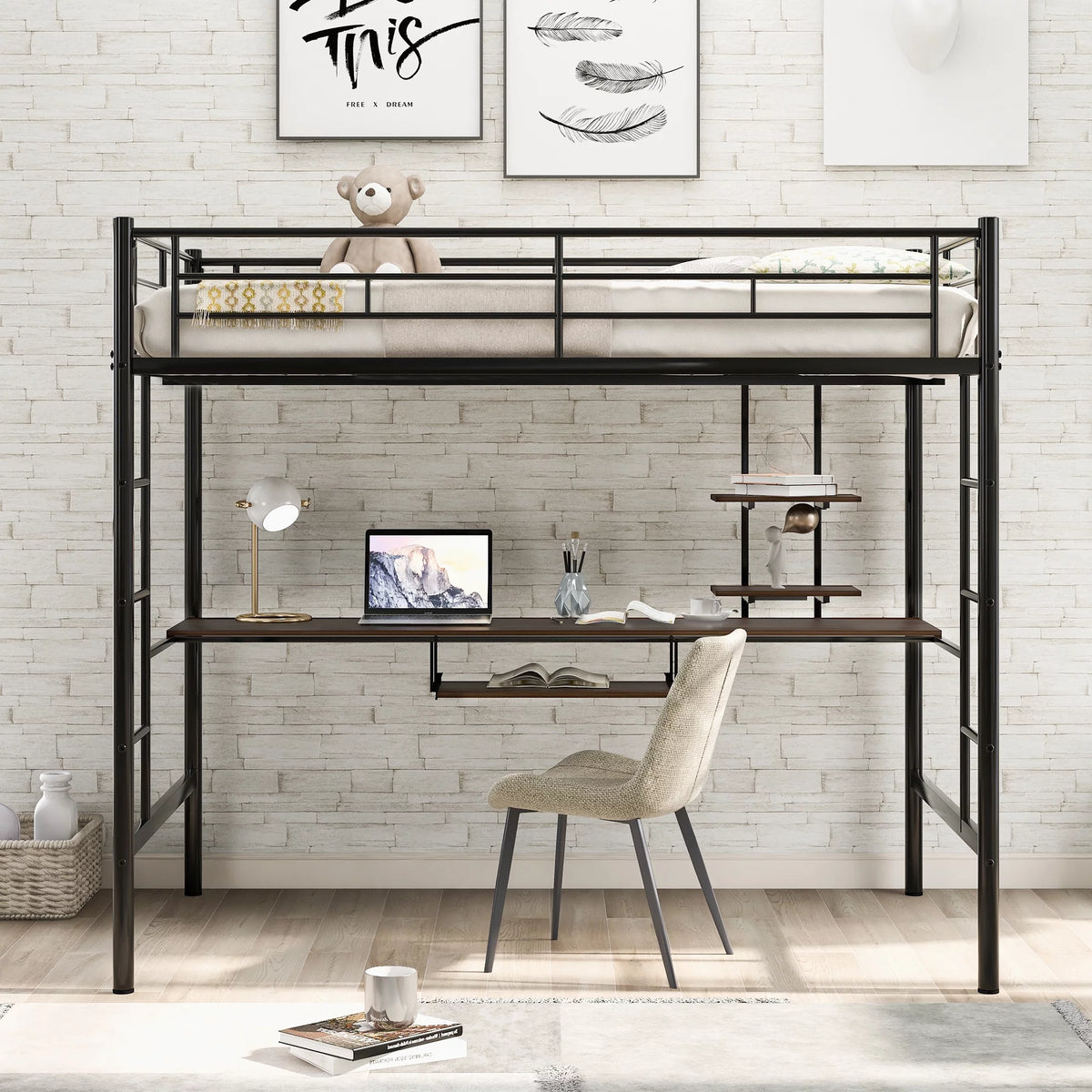 Full Bed with Keyboard Tray, 2 Shelves and Desk S49289