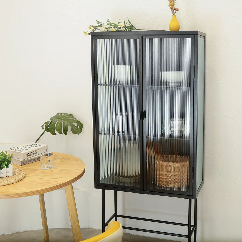 Black Fluted Glass High Cabinet with Dual Doors Q273459