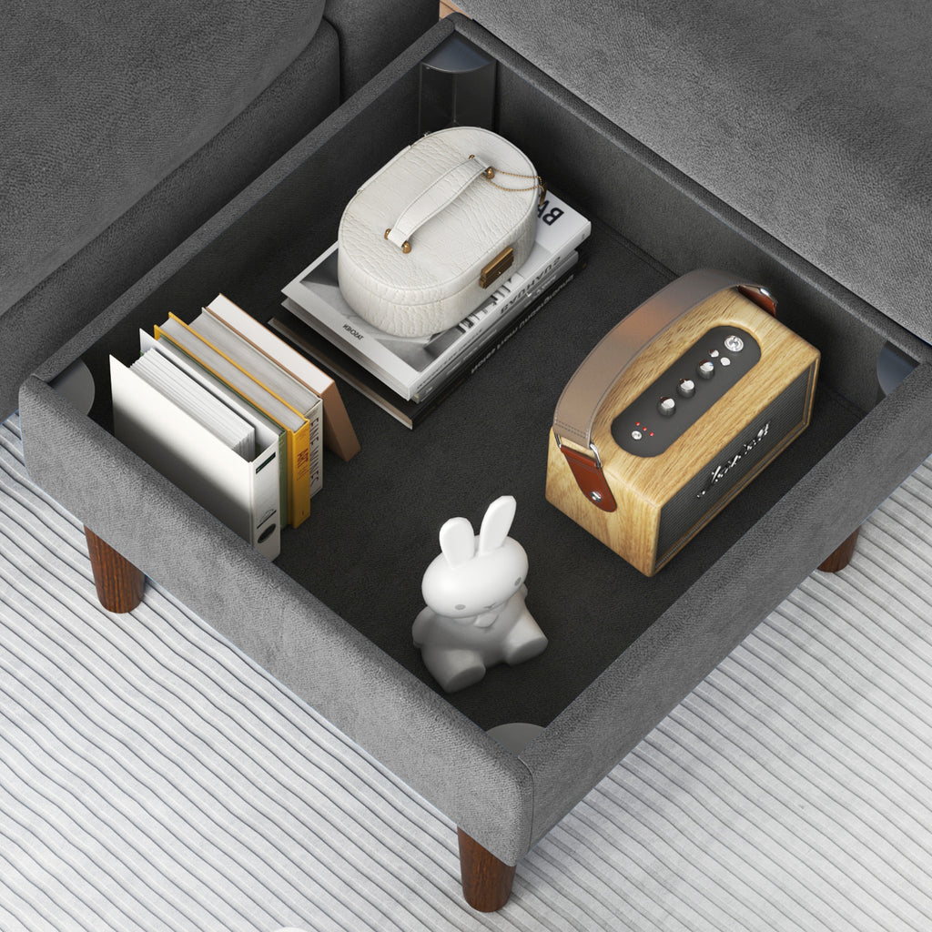 Convertible L-Shaped Combo Sofa with USB Port, Cup Holder, Storage Ottoman, Dark Gray W428