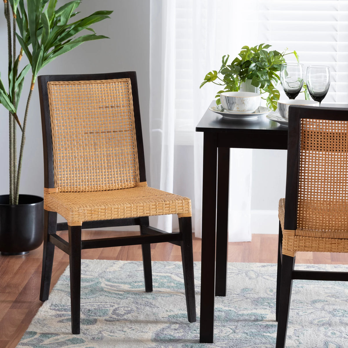 Dark Brown Mahogany Wood and Natural Rattan Dining Chair C3505