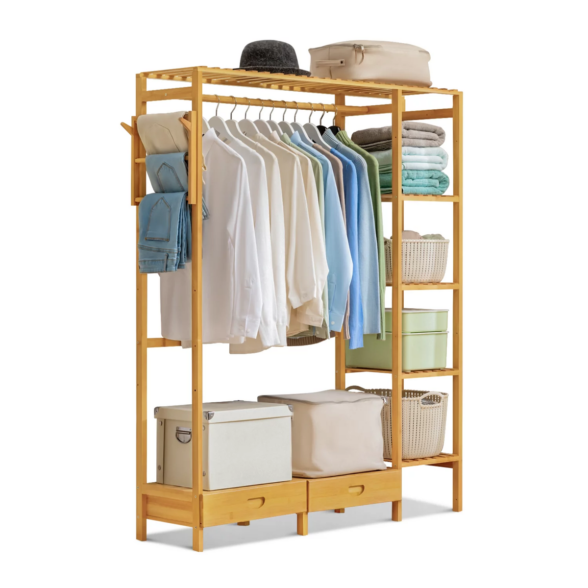 Bamboo 2 Drawers Coat Pants Rack Wardrobe B938413