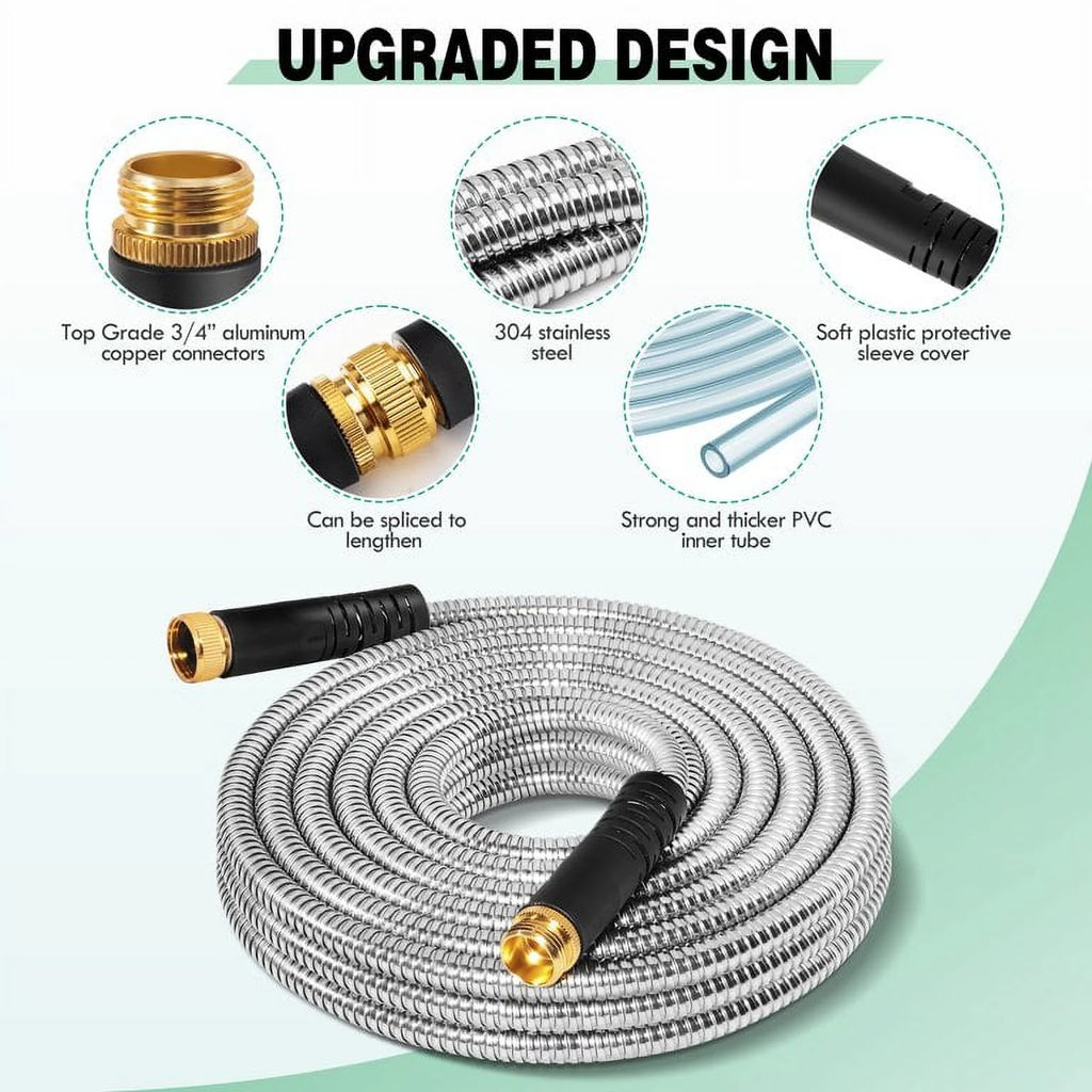 50FT Stainless Steel Metal Garden Hose with 10 Function Nozzle U324