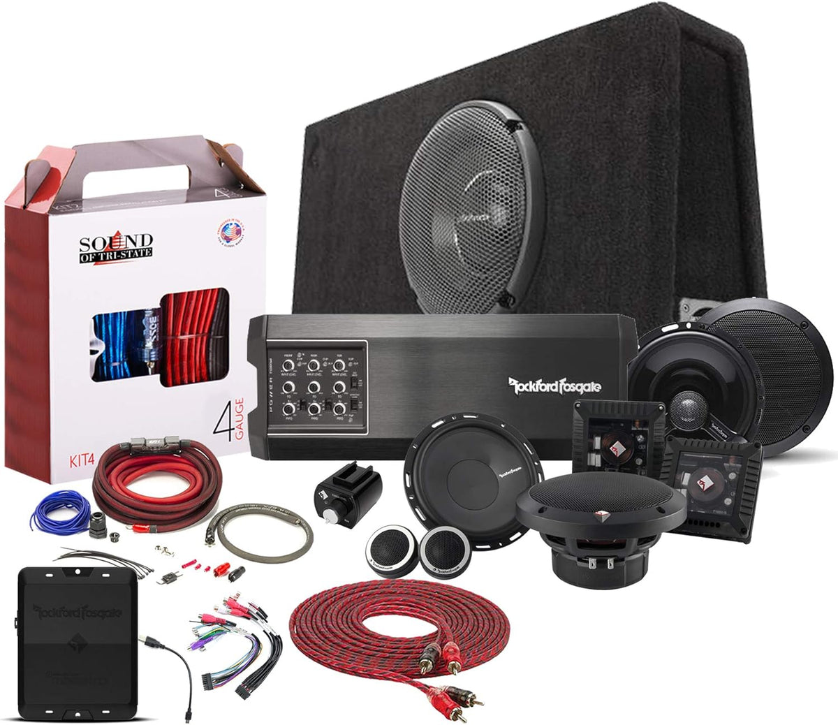 Compact 5-ch Amp with 10 Slim Vented Loaded Enclosure, 6.5 2-Way Speakers, Amp Remote, DSR1, Wiring Kit Bundle A777