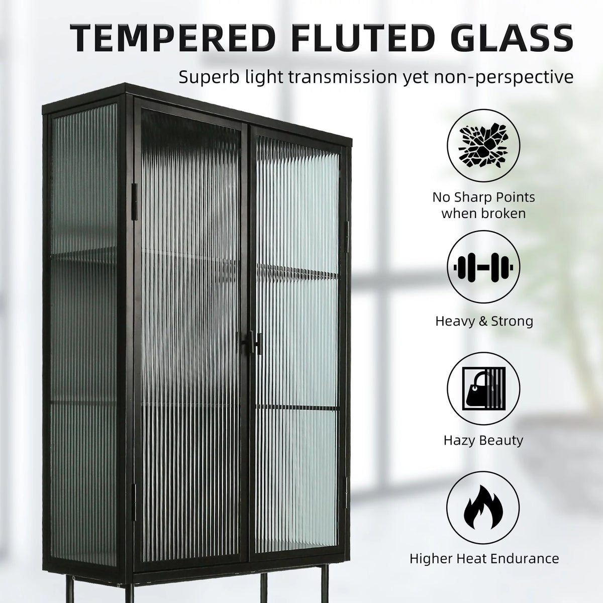 Black Fluted Glass High Cabinet with Dual Doors Q273459