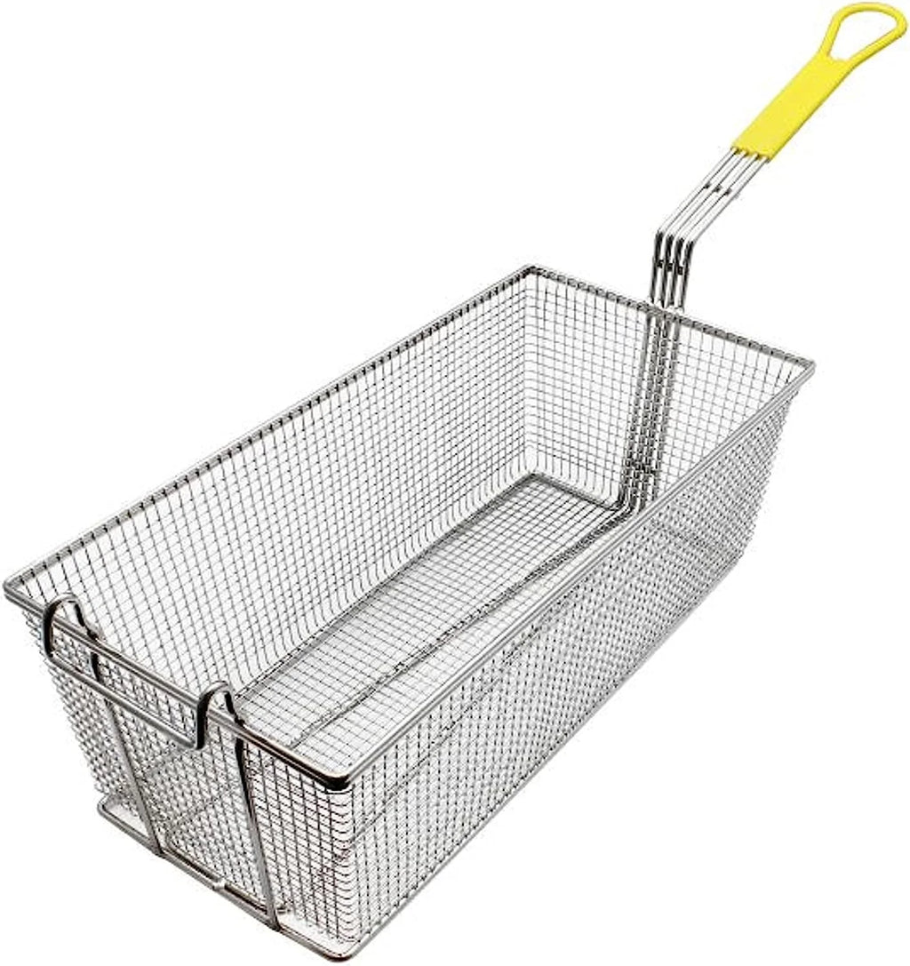 17" x 8" x 5-3/4" Rectangular Deep Fry Basket with Hook Heavy Duty Nickel Plated Iron with Yellow Coated Handle U8300