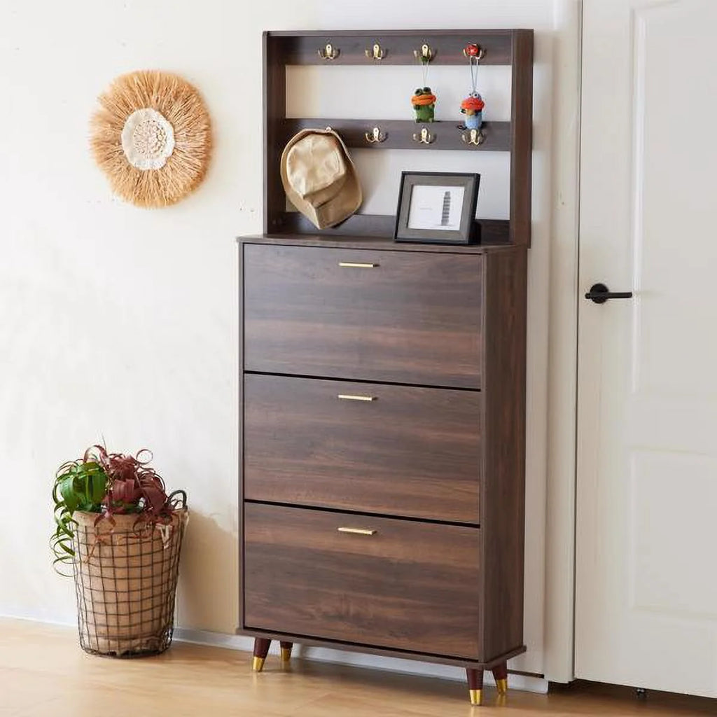 Brown Entryway Wardrobe Armoire Closet with 12 Hooks & 3 Shoe Cabinets N641