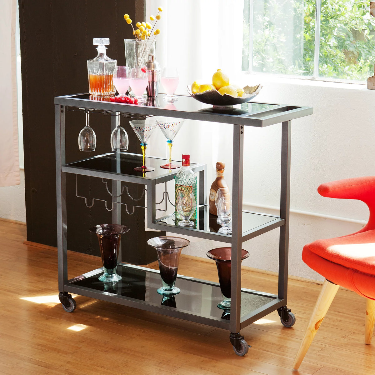 Bar Cart - Gunmetal Gray with Black Glass L3825