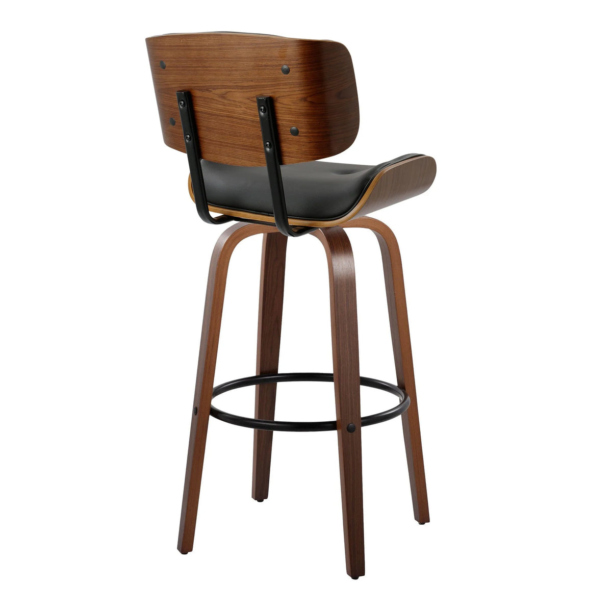 30" Mid-Century Modern Fixed-Height Barstool with Swivel in Walnut Wood and Black Faux Leather with Round Black Metal Footrest - Set of 2 L539332