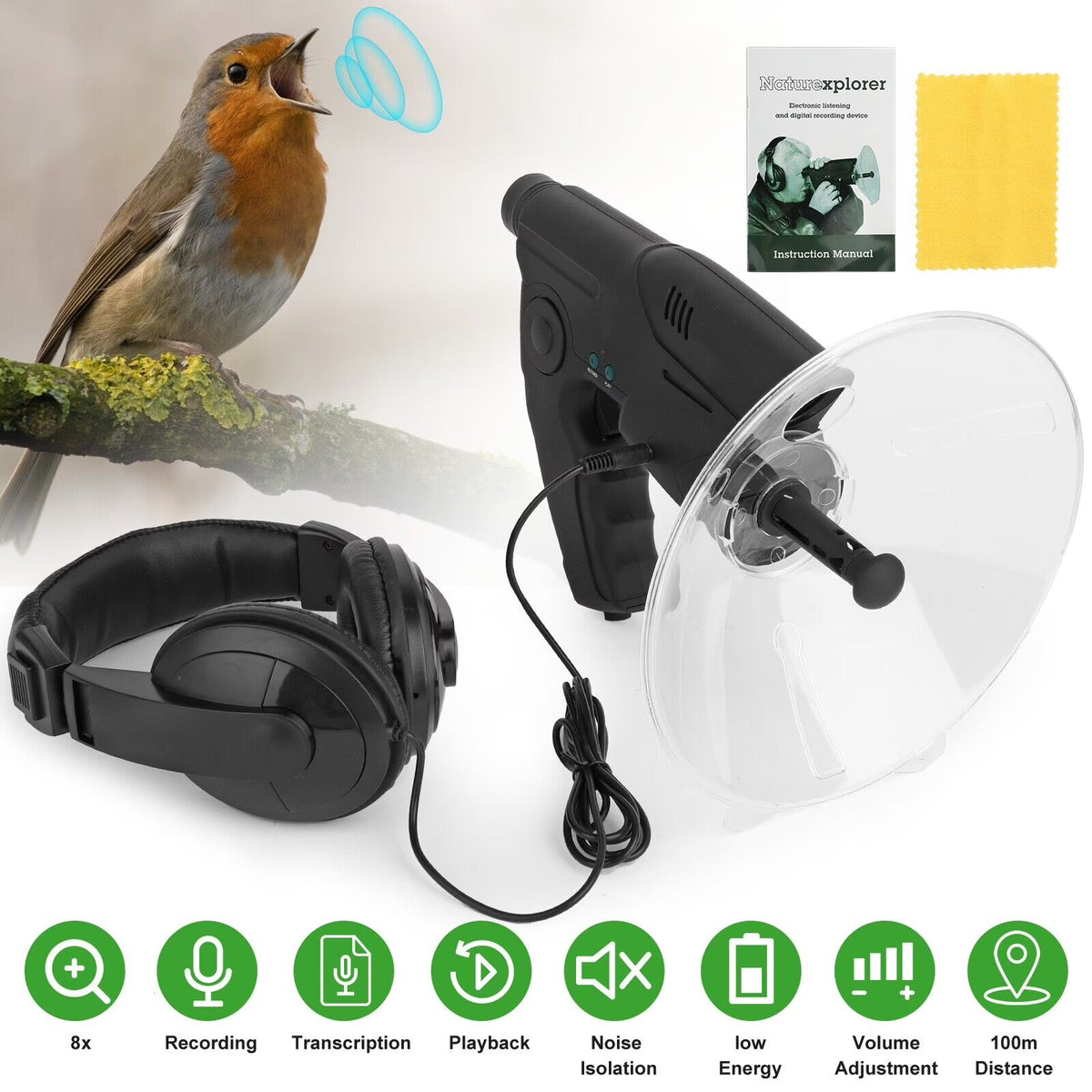 Parabolic Sonic Listening Device Microphone Amplifier 8X Bionic Ear N134