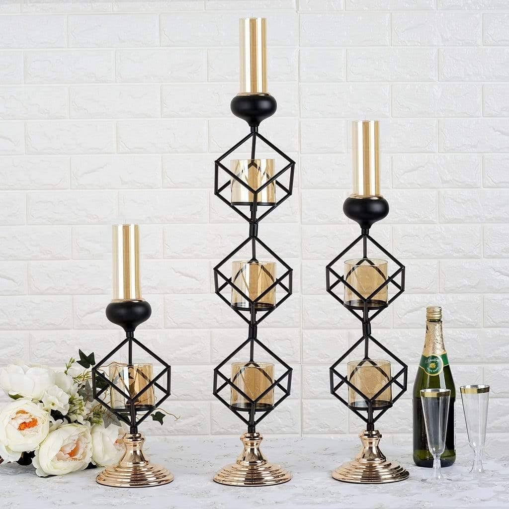 Gold Black Geometric Glass Votive Candle Holders V51345