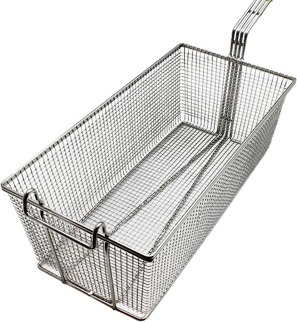 17" x 8" x 5-3/4" Rectangular Deep Fry Basket with Hook Heavy Duty Nickel Plated Iron with Yellow Coated Handle U8300