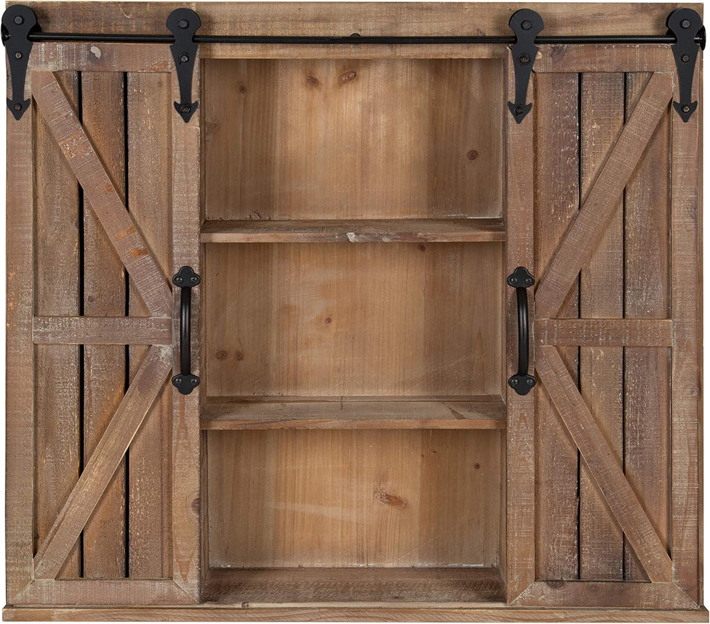Rustic Gray Wood Wall Storage Cabinet with Two Sliding Barn Doors A351965