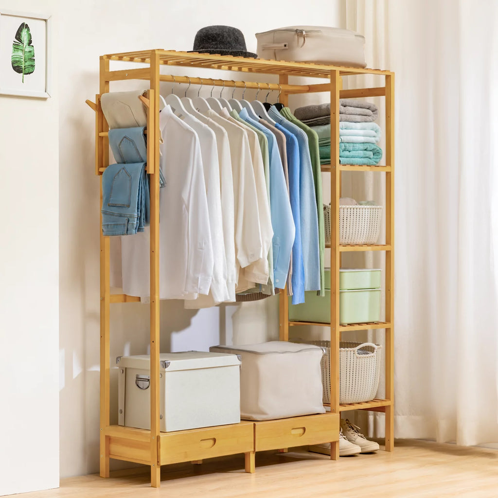 Bamboo 2 Drawers Coat Pants Rack Wardrobe B938413